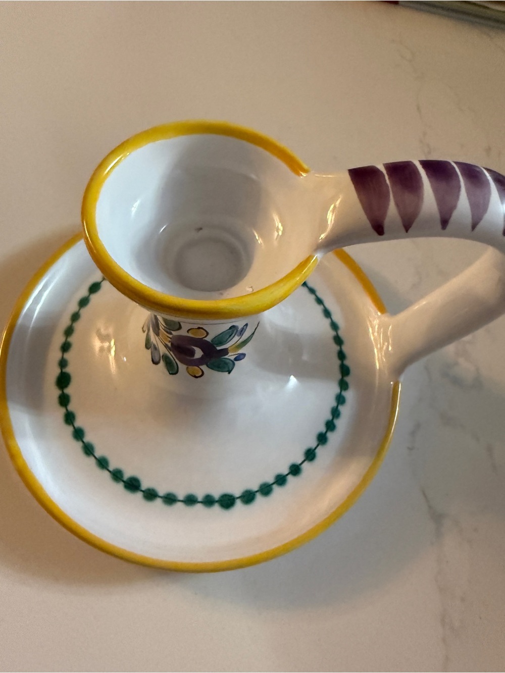 Vintage Italian Majolica Hand-Painted Ceramic Chamberstick Candle Holder